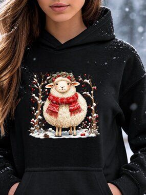 Festive Snowy Sheep HOODIE Sweatshirt Adult Graphic Christmas Winter Holiday